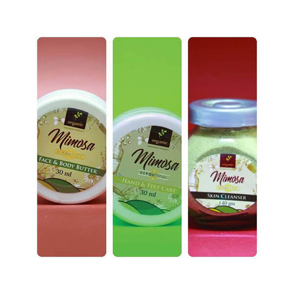 mimosa face and body butter+hand and feet care+skin cleanser combo