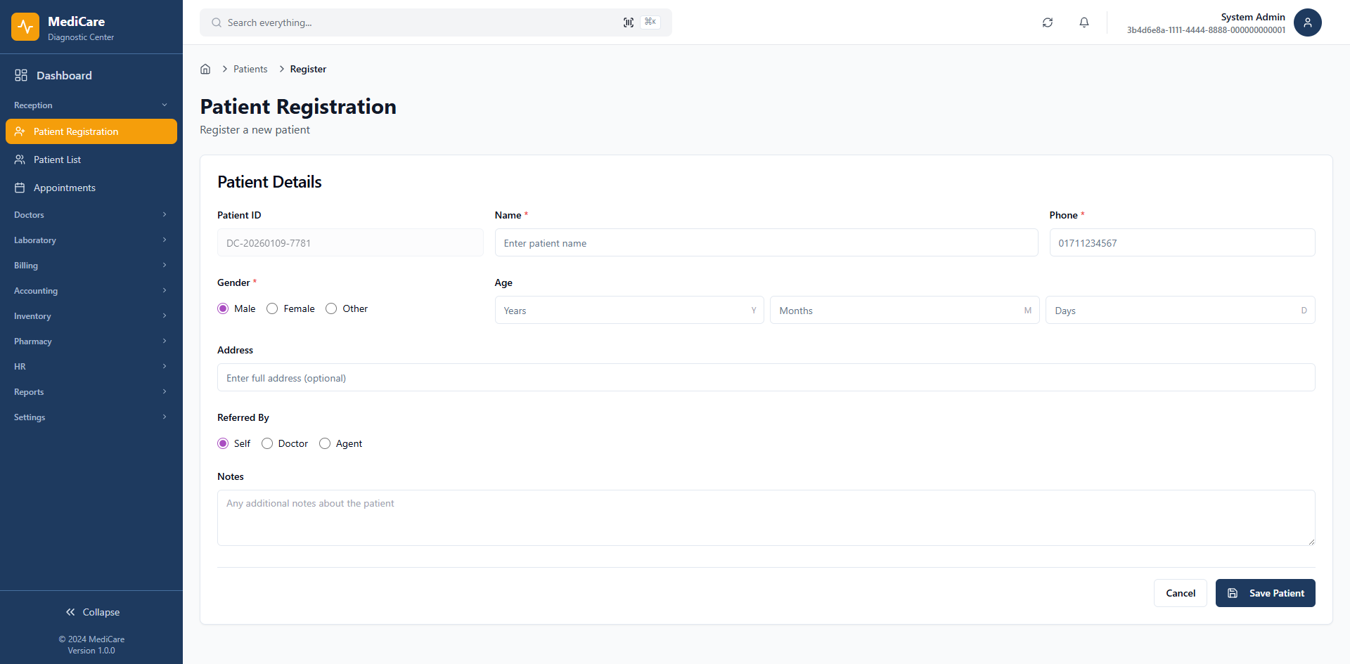 Patient Registration Module - Diagnostic Center Software Bangladesh