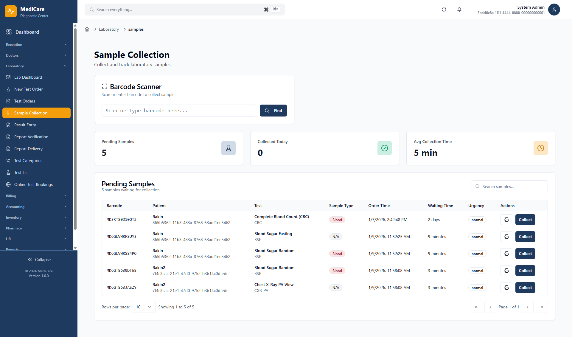 Sample Collection Tracking - Online Diagnostic Software